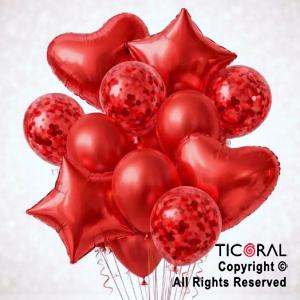 SET DE GLOBOS METALIZADOS ESTRELLA CORAZON CONFETI Y LATEX ROJO x 14 UNIDADES